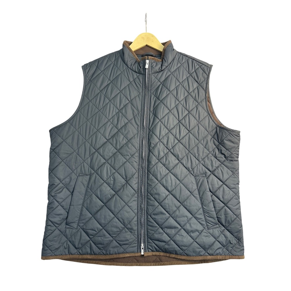 Peter Millar Mens XL Quilted Full Zip Vest Navy Blue Brown Trim Fleece Lined